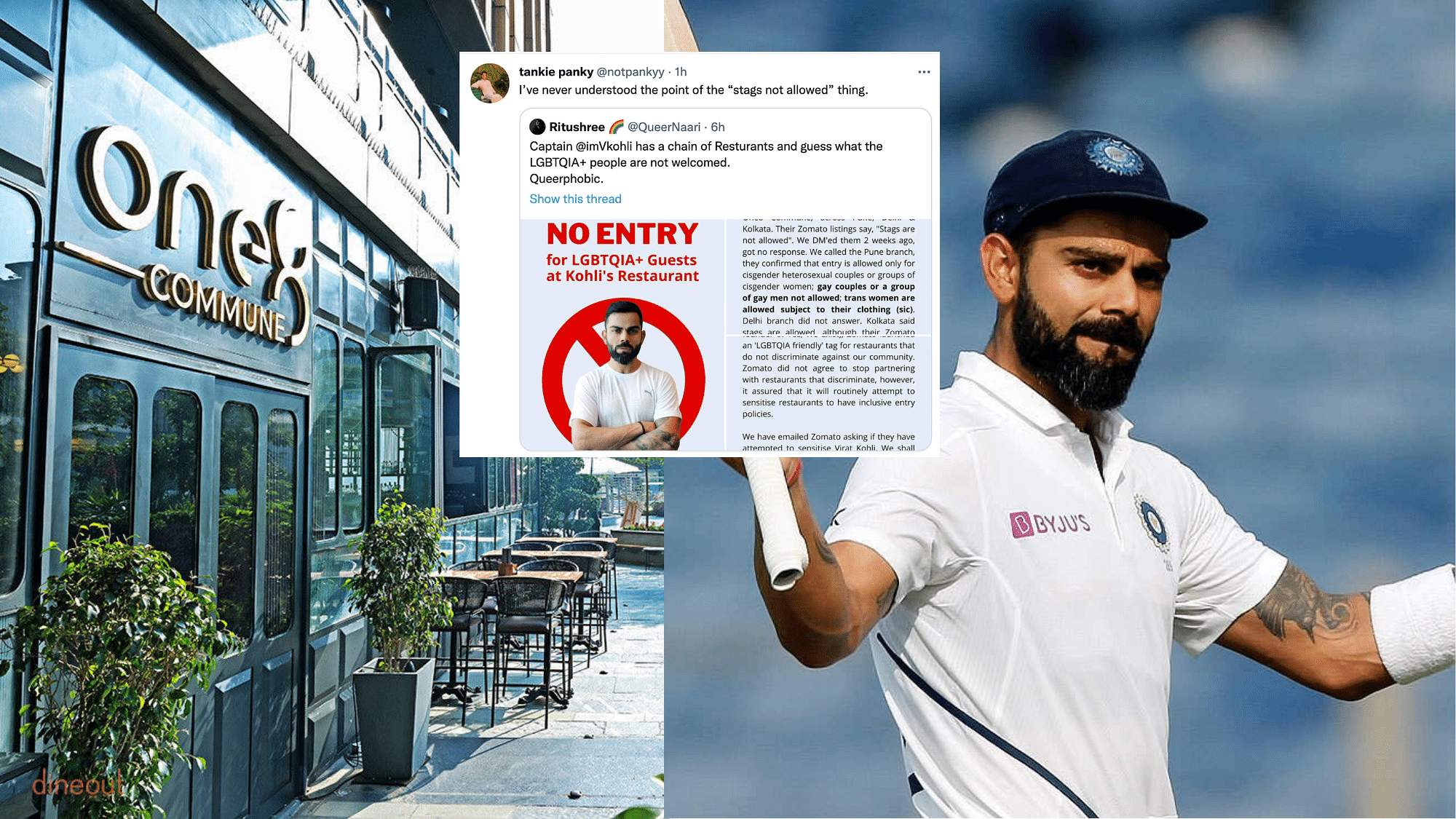 <div class="paragraphs"><p>One8 Commune, a restaurant chain owned by Virat Kohli faces backlash for discriminating against LGBTQIA+ guests.</p></div>