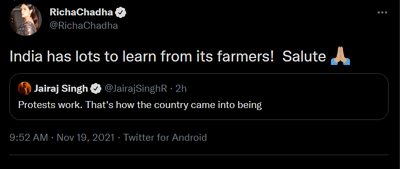 Taapsee Pannu wished her fans a happy Gurupurab, and Richa Chadha said India has lot to learn from its farmers.