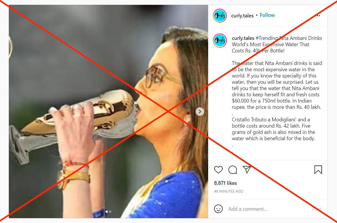 A photo of Nita Ambani was morphed to show her drinking a bottle of Acqua di Cristallo Tributo a Modigliani water.