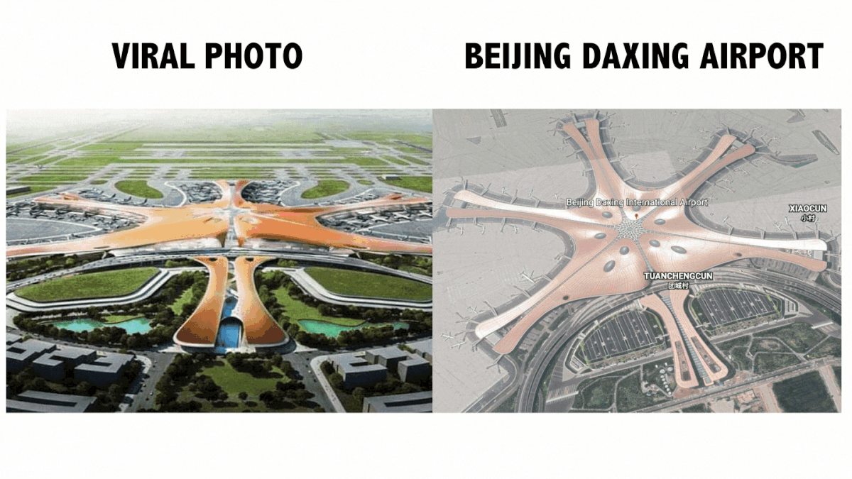 <div class="paragraphs"><p>Viral photo (L), Photo of the Beijing Daxing airport (R).&nbsp;</p></div>