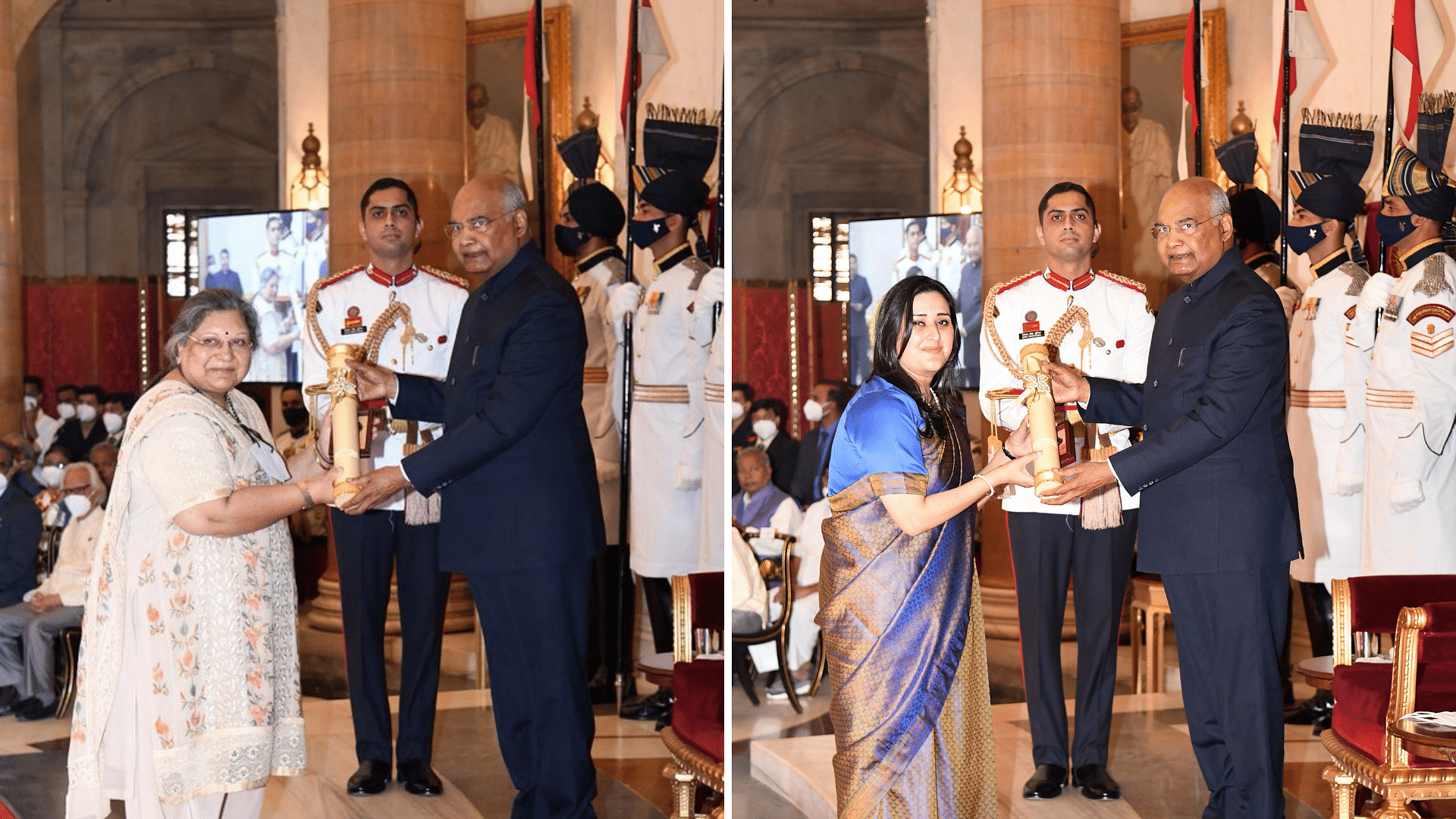 <div class="paragraphs"><p>Sushma Swaraj's daughter Bansuri accepted the award from Kovind, while Arun Jaitley's award was given to his wife Sangeeta.</p></div>