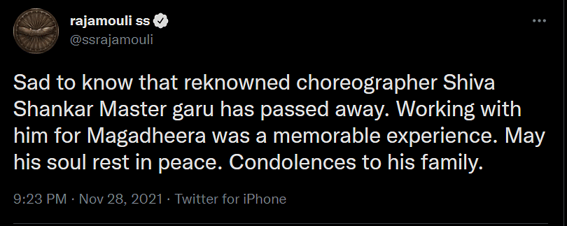 Choreographer Shiva Shankar Dies of COVID; Sonu Sood, Rajamouli Condole