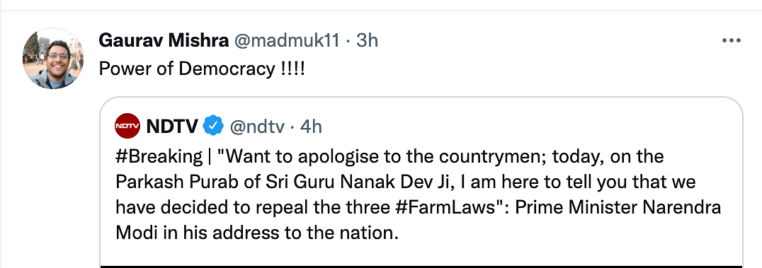 PM Modi on 19 November announced that three farm laws would be repealed and asked farmers to end the protests.