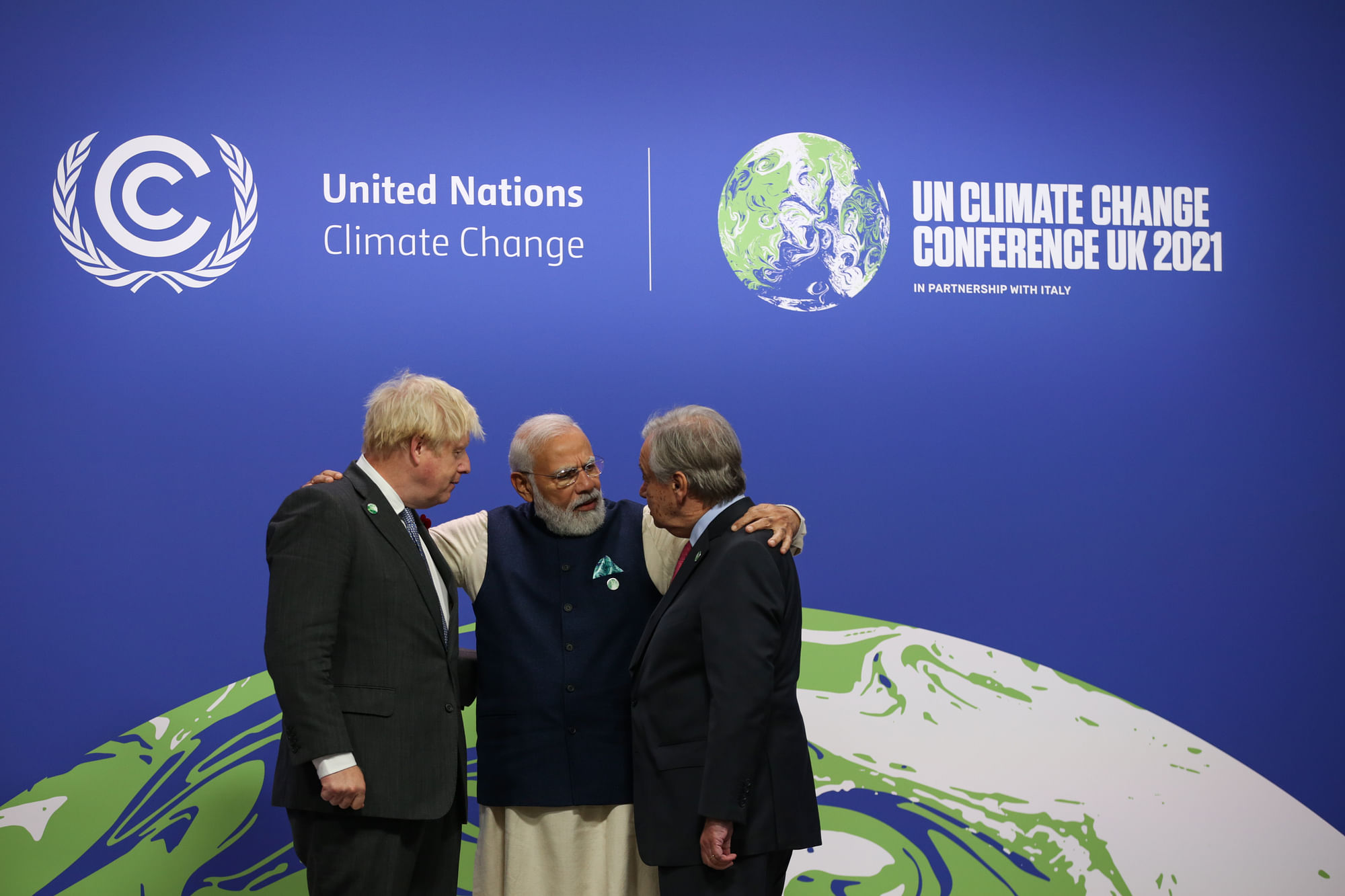<div class="paragraphs"><p>PM Modi at COP 26 with Boris Johnson (left) and UN Chief Antonio Guterres (right) in Glasgow.&nbsp;&nbsp;</p></div>