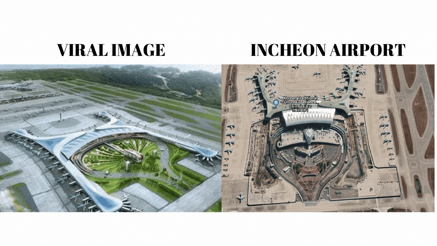 <div class="paragraphs"><p>Left: Viral image. Right: Incheon airport.</p></div>