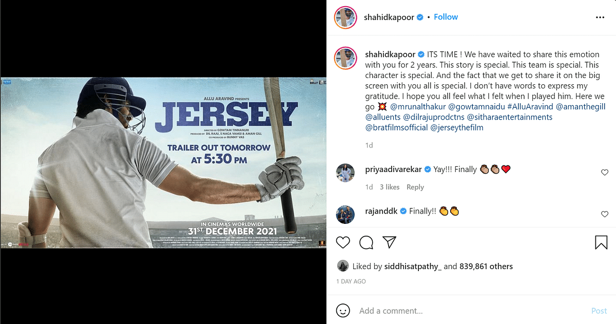 Jersey, set to release on 31 December, stars Shahid Kapoor, Mrunal Thakur, and Pankaj Kapur.