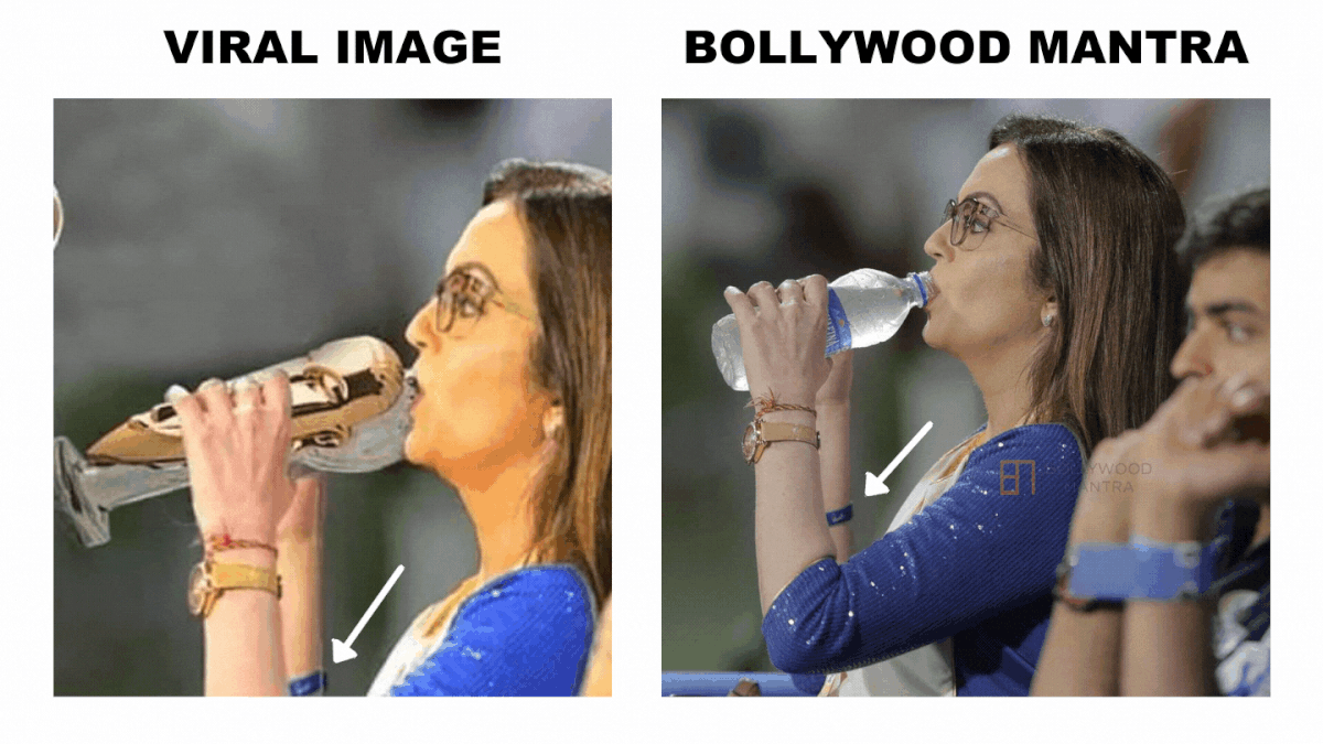 A photo of Nita Ambani was morphed to show her drinking a bottle of Acqua di Cristallo Tributo a Modigliani water.