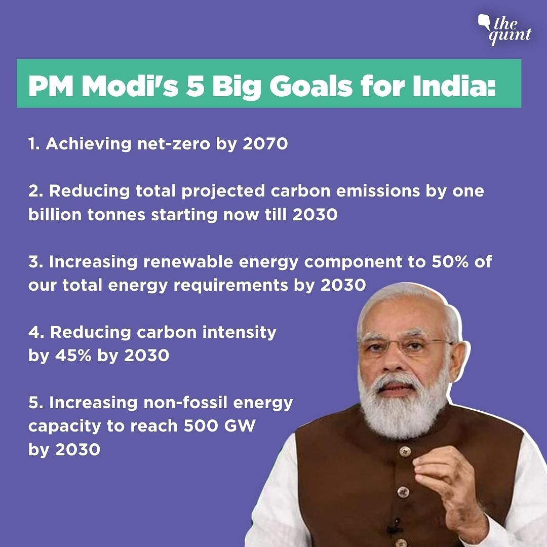 India declares 2070 as its target for achieving net-zero. Modi announces five goals or 'panchamrit' in Glasgow.

