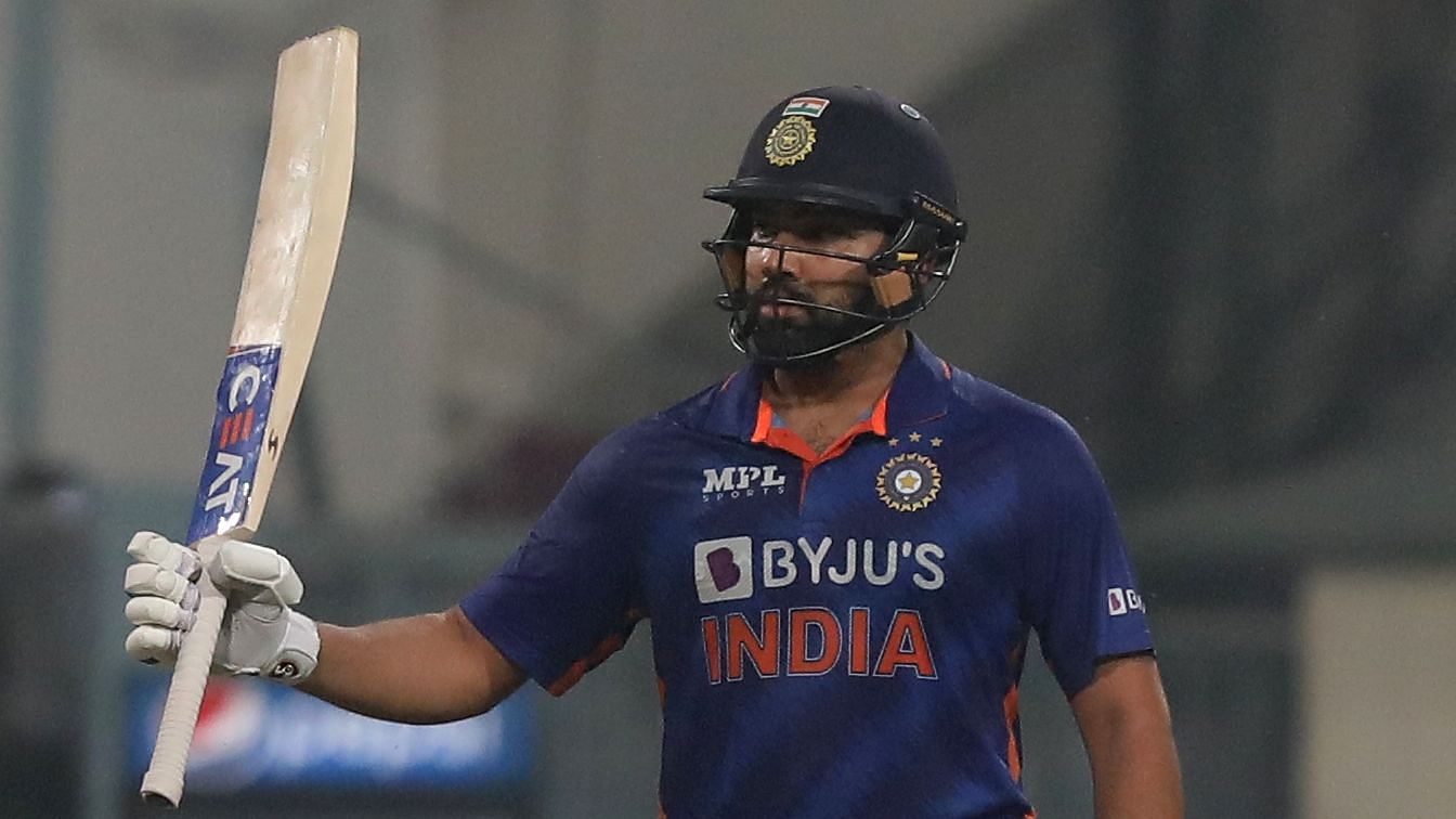 <div class="paragraphs"><p>Rohit Sharma celebrates a half-century.&nbsp;</p></div>