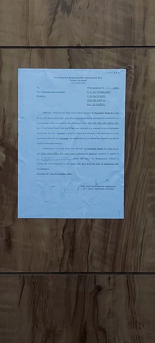 A court order declaring Param Bir Singh 'absconding' has been pasted outside his flat in Juhu.