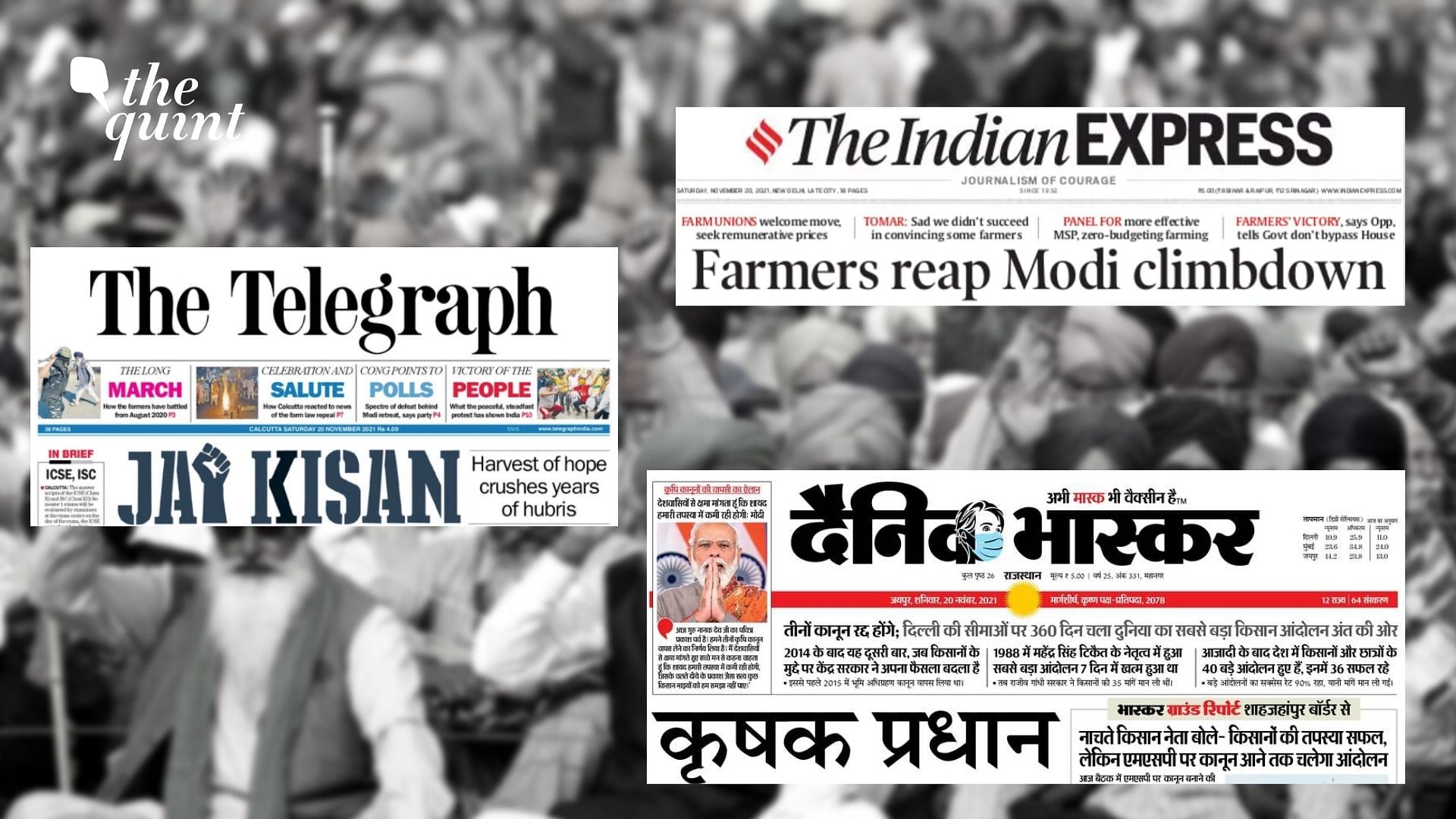 <div class="paragraphs"><p>Here's how the front pages of  newspapers looked after Prime Minister Narendra Modi said that his government will repeal the three farm laws.</p></div>