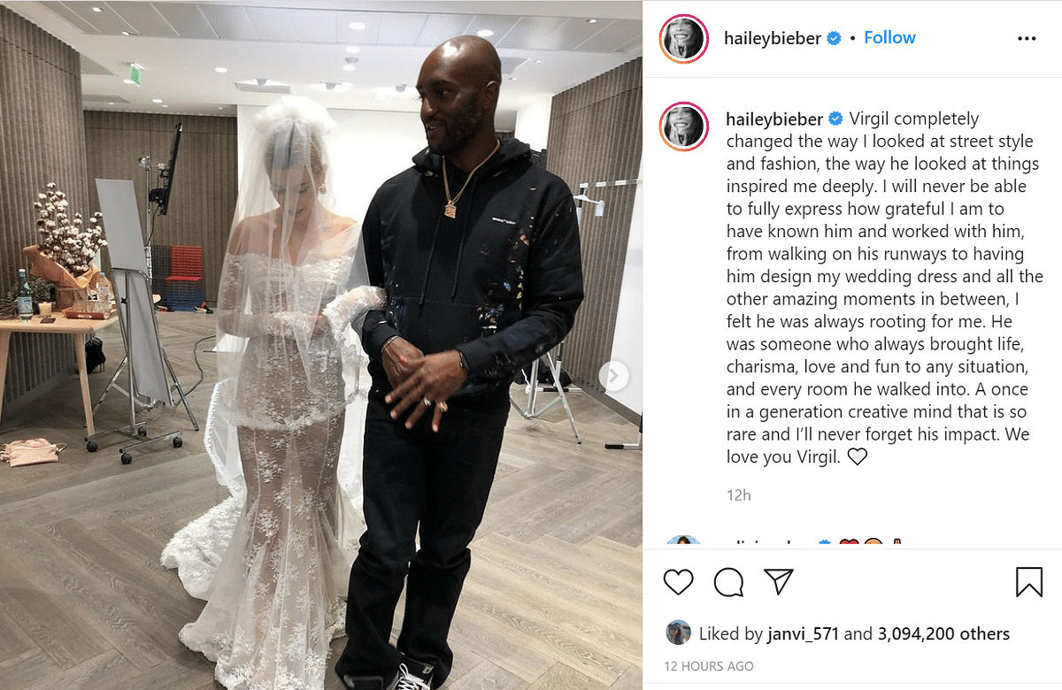 Hailey Bieber, whose wedding dress Virgil Abloh had designed, said he changed the way she looks at fashion.
