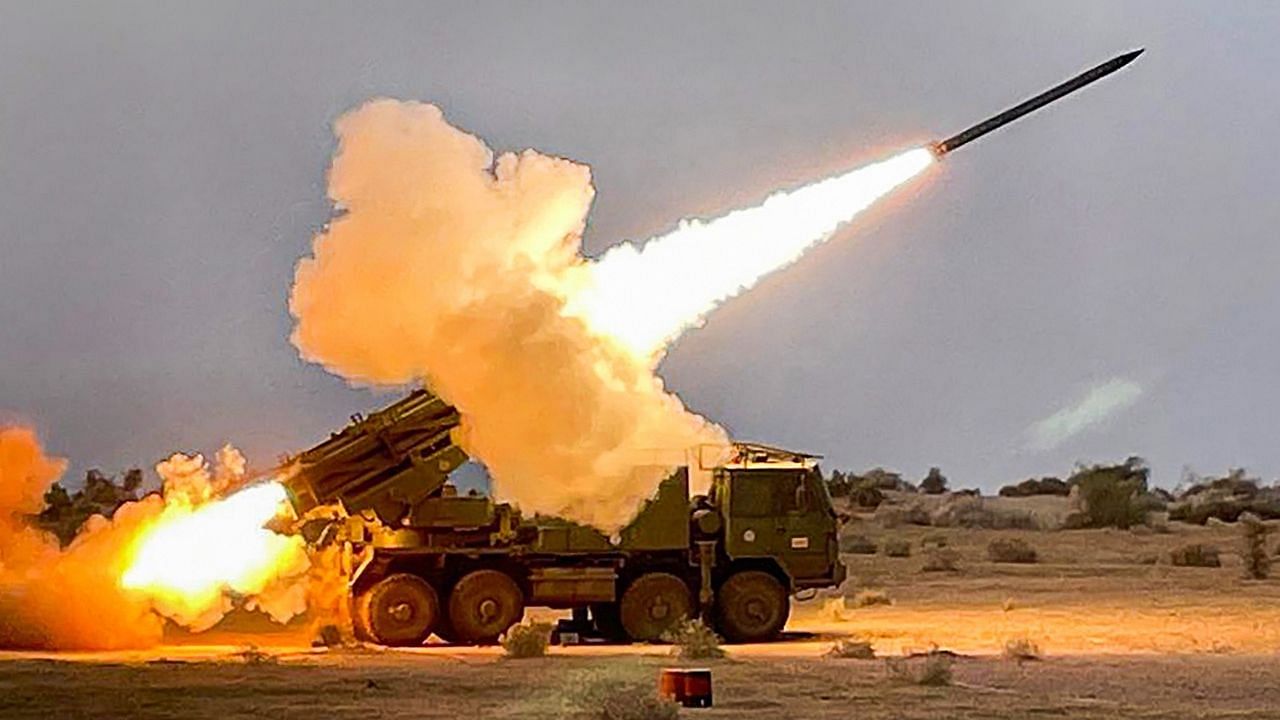 <div class="paragraphs"><p>The Pinaka-ER Multi Barrel Rocket Launcher System being successfully tested at Pokharan range.</p></div>