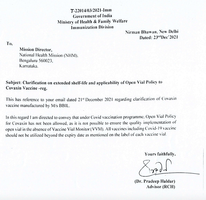 The Karnataka government on 28 December, restricted private hospitals from following the open vial policy.