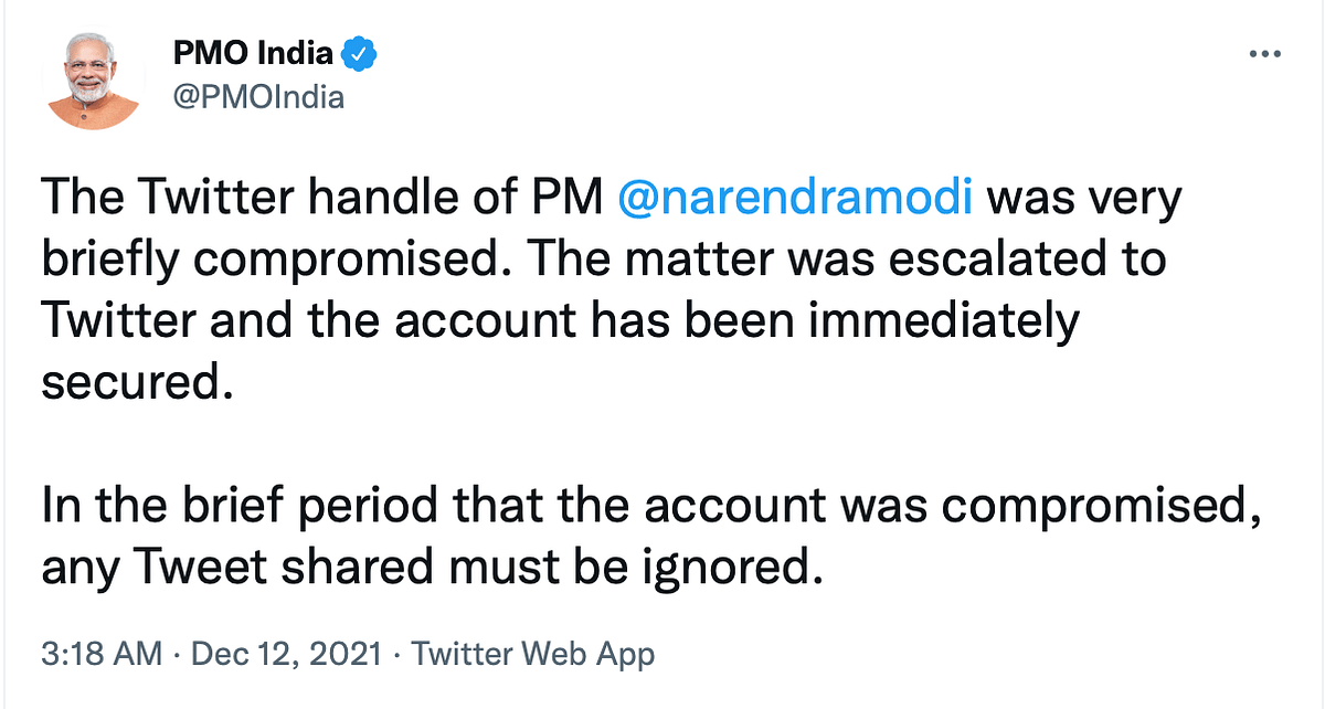 PM Modi's Twitter Account 'Briefly Compromised', Bitcoin Link Shared