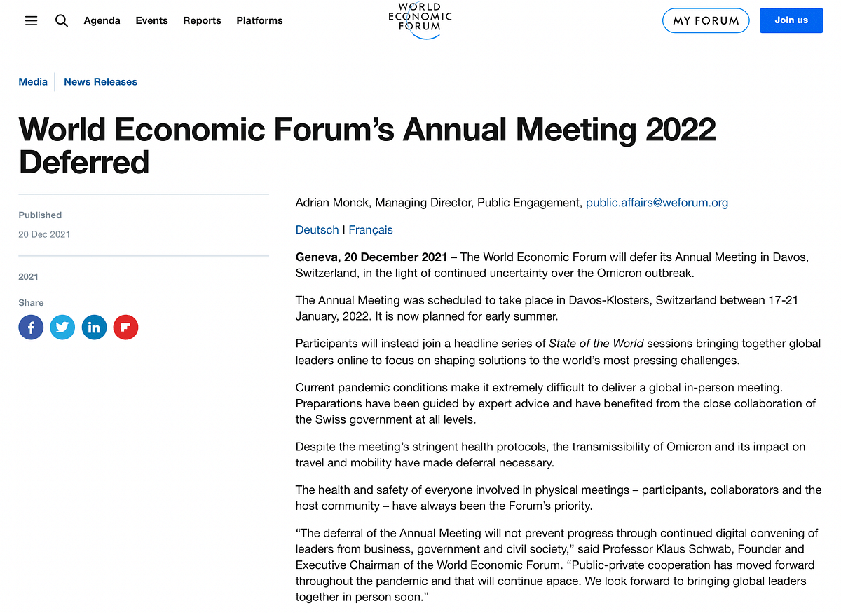 This is the second year in a row that the WEF has postponed the annual meeting since the 2021 meeting was cancelled.
