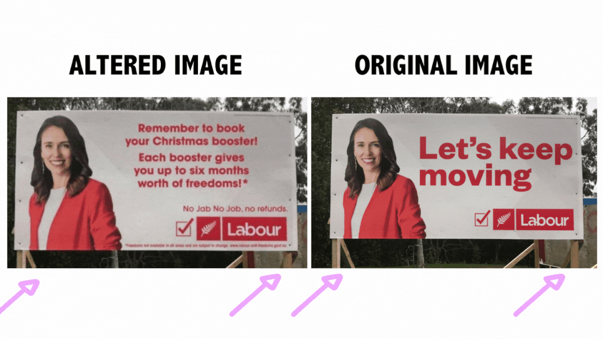The original billboard photo is of the 2020 election campaign and the text reads "Let's keep moving".