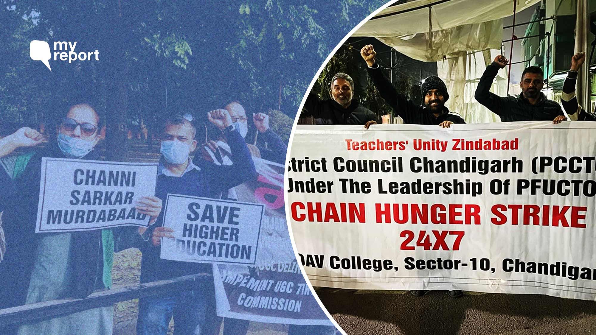 <div class="paragraphs"><p>Teachers from Panjab University stage a protest against the state government.&nbsp;</p></div>