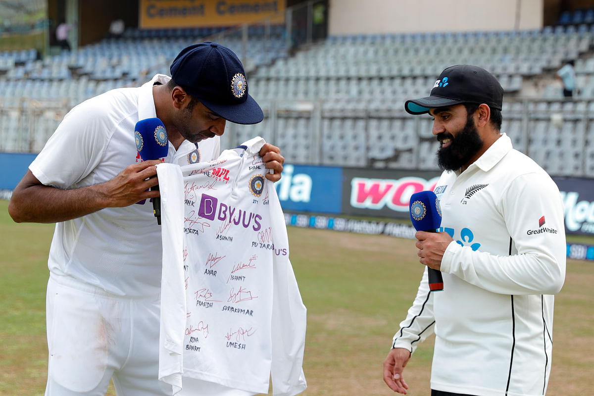 The Indian team gifted Ajaz Patel a signed jersey as a memento for his historic 10-wicket haul in the Mumbai Test.