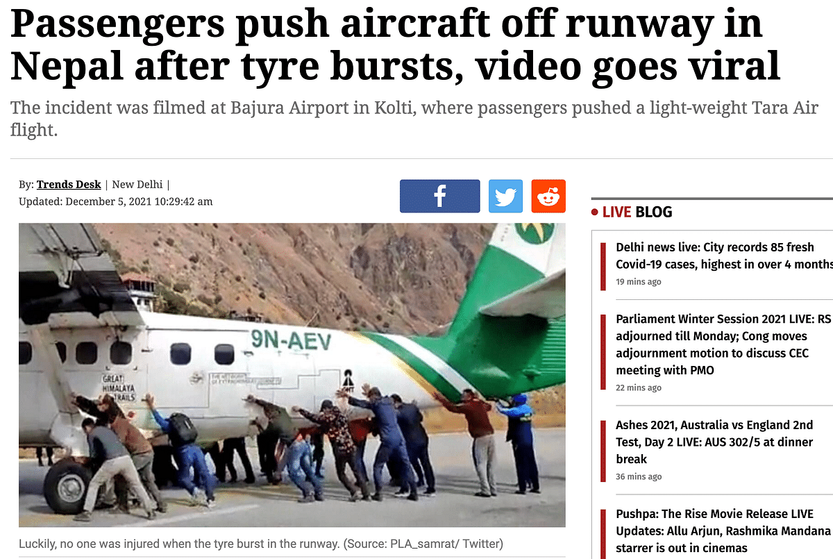 The video is from Nepal and shows passengers pushing a lightweight Tara Air flight after one of its tyres had burst.