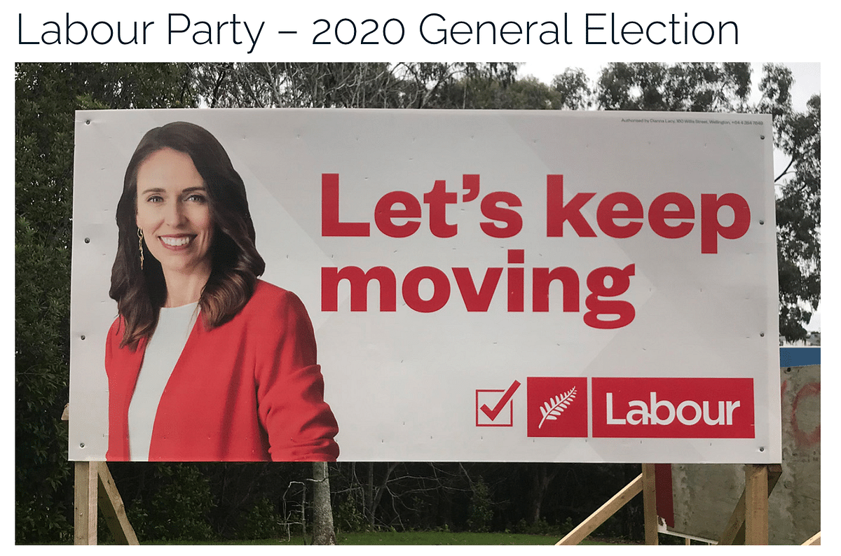 The original billboard photo is of the 2020 election campaign and the text reads "Let's keep moving".