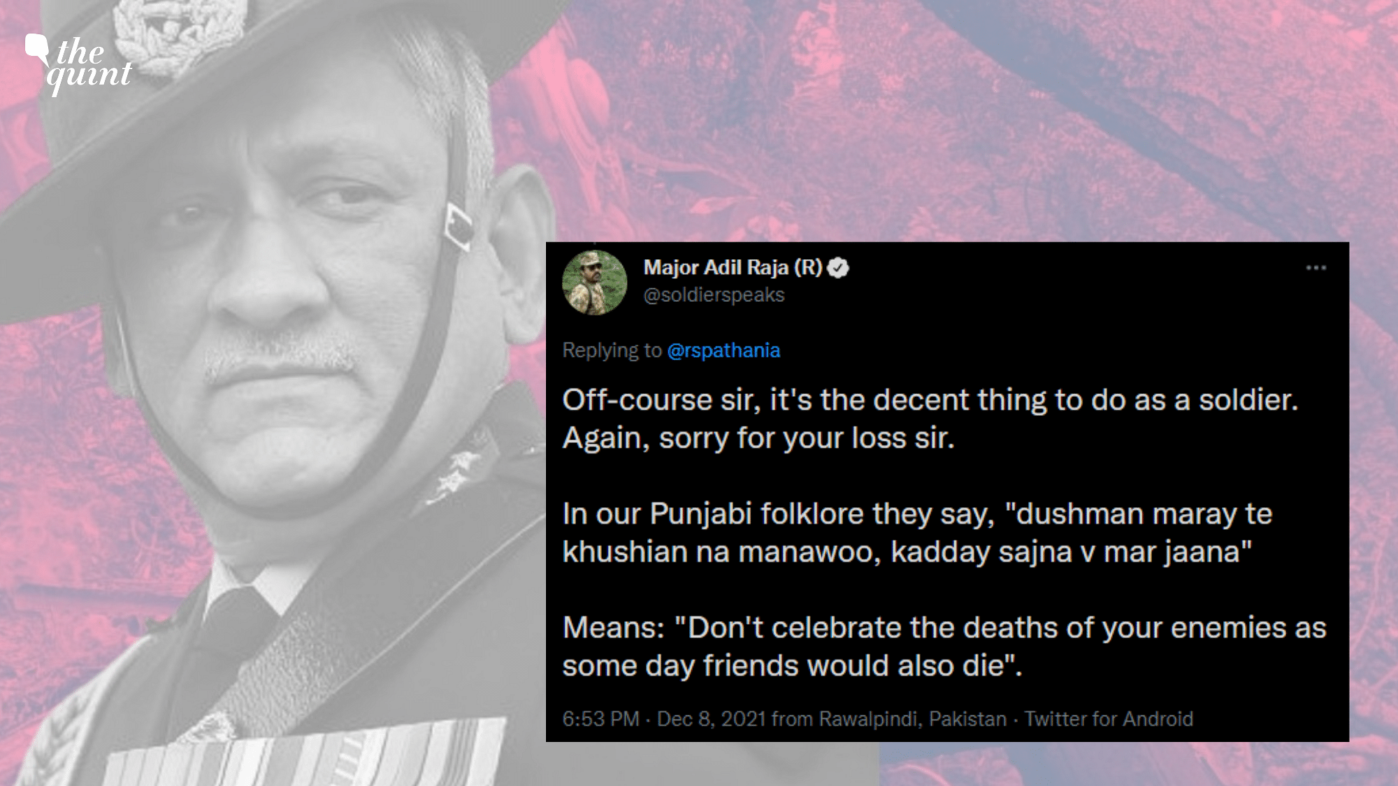 <div class="paragraphs"><p>When an Indian war veteran took to Twitter to condole the demise of Chief of Defence Staff Bipin Rawat, among those who expressed their respects in the comments of the post was a former Pakistani soldier.</p></div>