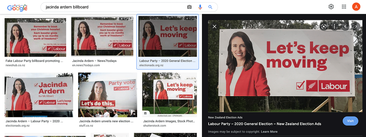 The original billboard photo is of the 2020 election campaign and the text reads "Let's keep moving".