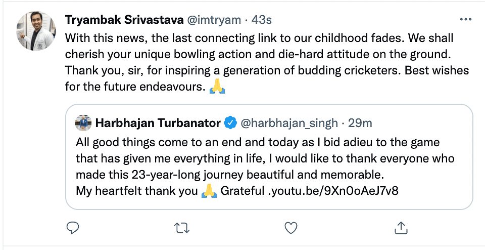 Harbhajan Singh took to Twitter today to announce his retirement from all forms of cricket.