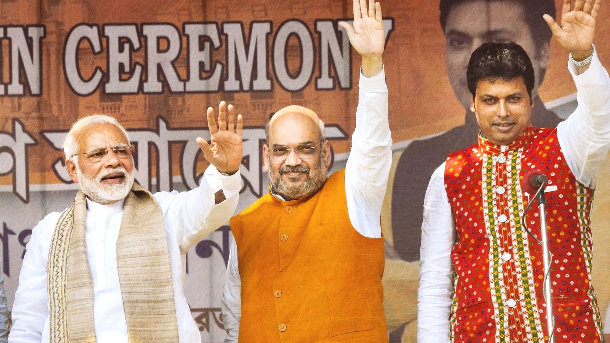 <div class="paragraphs"><p>Tripura CM Biplab Deb, right, with PM Narendra Modi and Union Home Minister Amit Shah.&nbsp;</p></div>