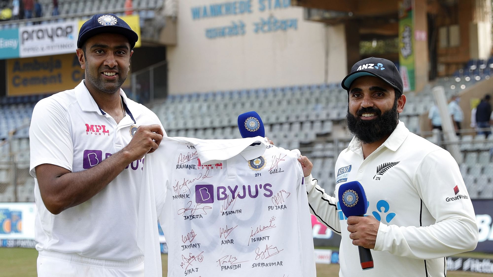 <div class="paragraphs"><p>The Indian team gifted Ajaz Patel a signed jersey as a memento for his historic 10-wicket haul in the Mumbai Test.</p></div>
