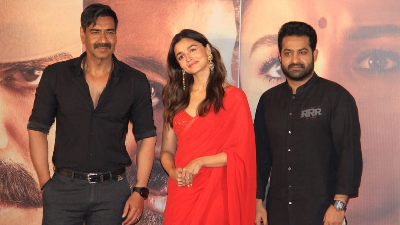 <div class="paragraphs"><p>Ajay Devgn, Alia Bhatt and Jr NTR at RRR trailer launch.</p></div>