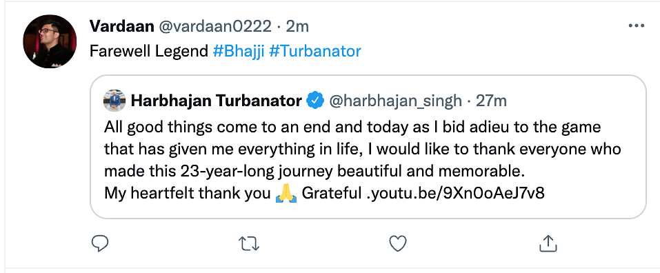 Harbhajan Singh took to Twitter today to announce his retirement from all forms of cricket.