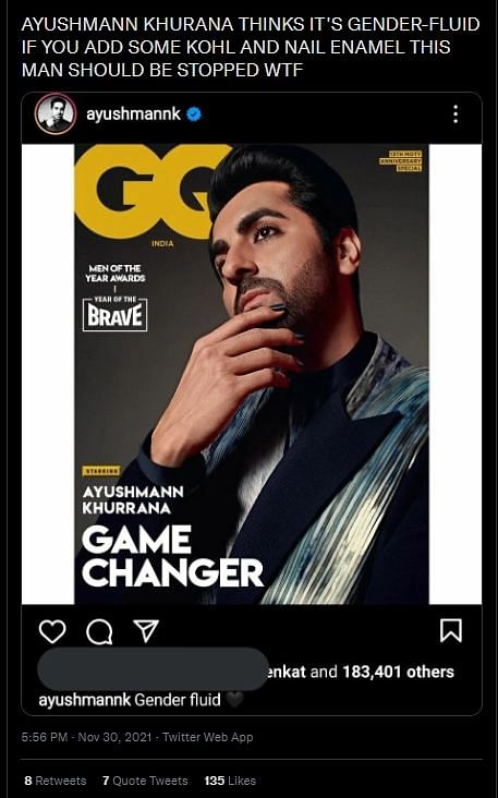 Ayushmann Khurrana shared his GQ cover on Instagram with the caption, 'Gender Fluid.'