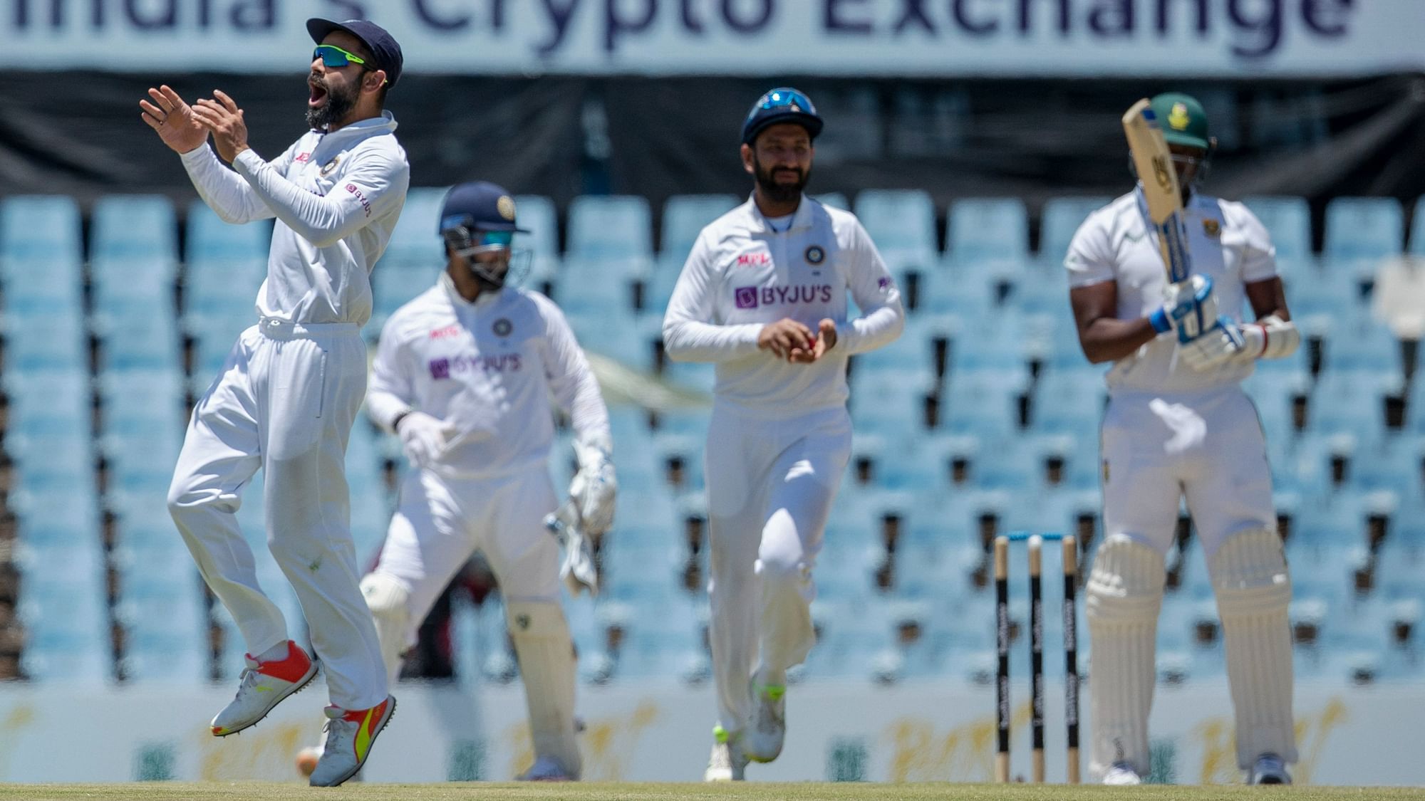 <div class="paragraphs"><p>India Test captain Virat Kohli, left, celebrates the dismissal of South Africa batsman Lungi Ngidi during the fifth day of the first Test match between South Africa and India at Centurion Park in Pretoria, South Africa on Thursday, 30 December.<br></p></div>