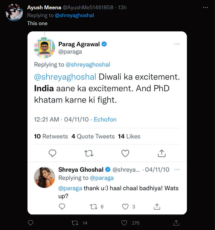 Shreya Ghoshal had earlier congratulated Twitter's new CEO Parag Agrawal on his appointment.