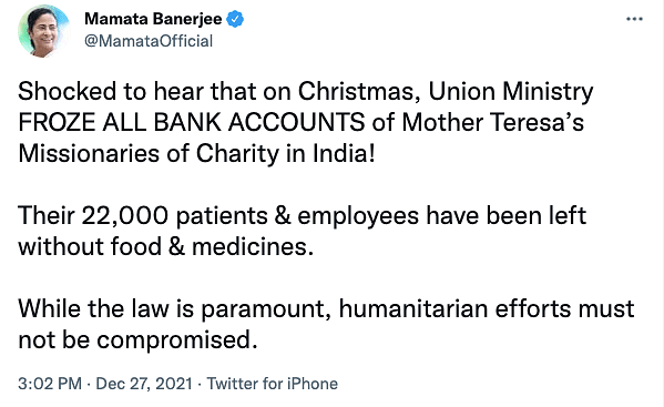 On Christmas, Mother Teresa’s Missionaries of Charity (MoC) was denied a renewal of their FCRA registration.