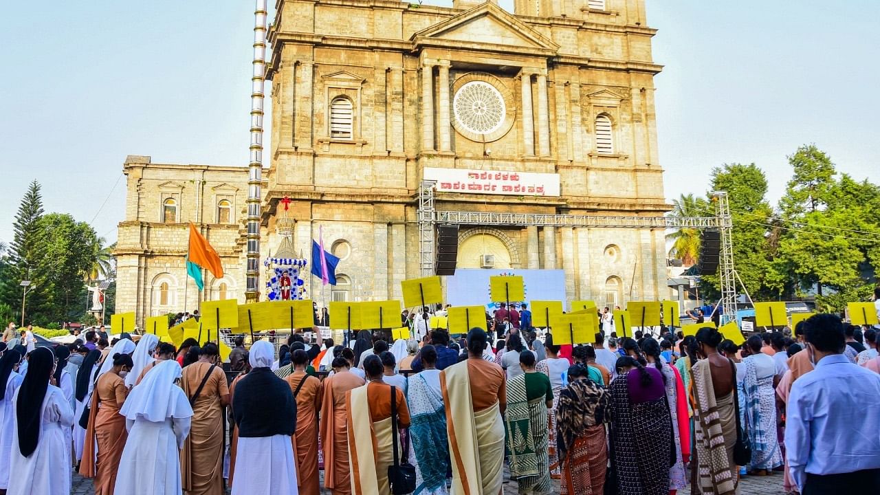 <div class="paragraphs"><p>Image from the demonstration against the proposed anti-conversion bill&nbsp;at St Francis Xavier Cathedral grounds in Bangalore, Karnataka.</p></div>