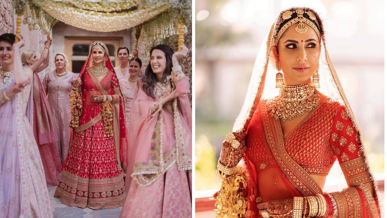 <div class="paragraphs"><p>Katrina Kaif with her sisters on her wedding day (L); the actor in a Sabyasachi trousseau.&nbsp;</p></div>