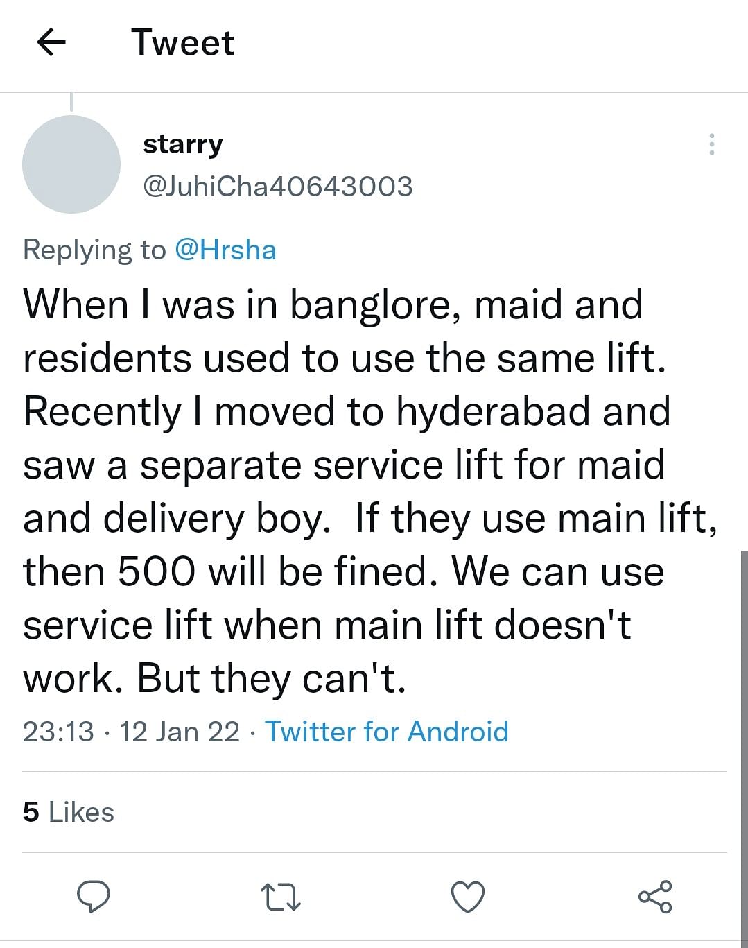 A housing society in Hyderabad announced it would fine Rs 300 to maids and delivery persons for using the lift.