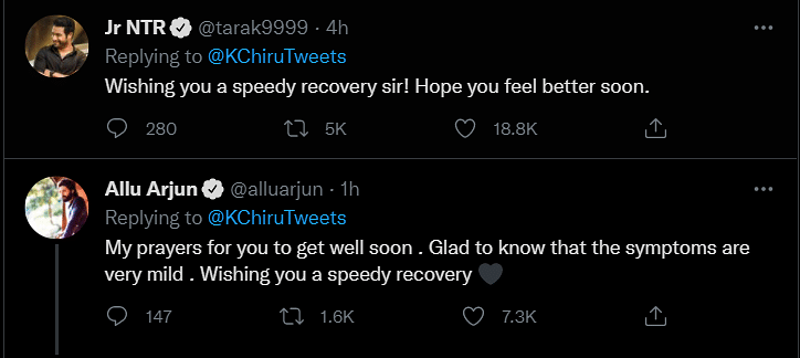 Allu Arjun and Jr NTR wished for Chiranjeevi's speedy recovery.