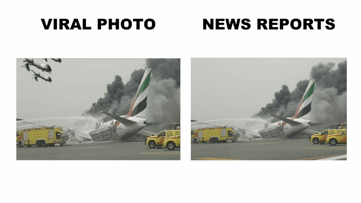 The 2016 photo shows a plane crash in Dubai, not the recent attack in Abu Dhabi, United Arab Emirates.