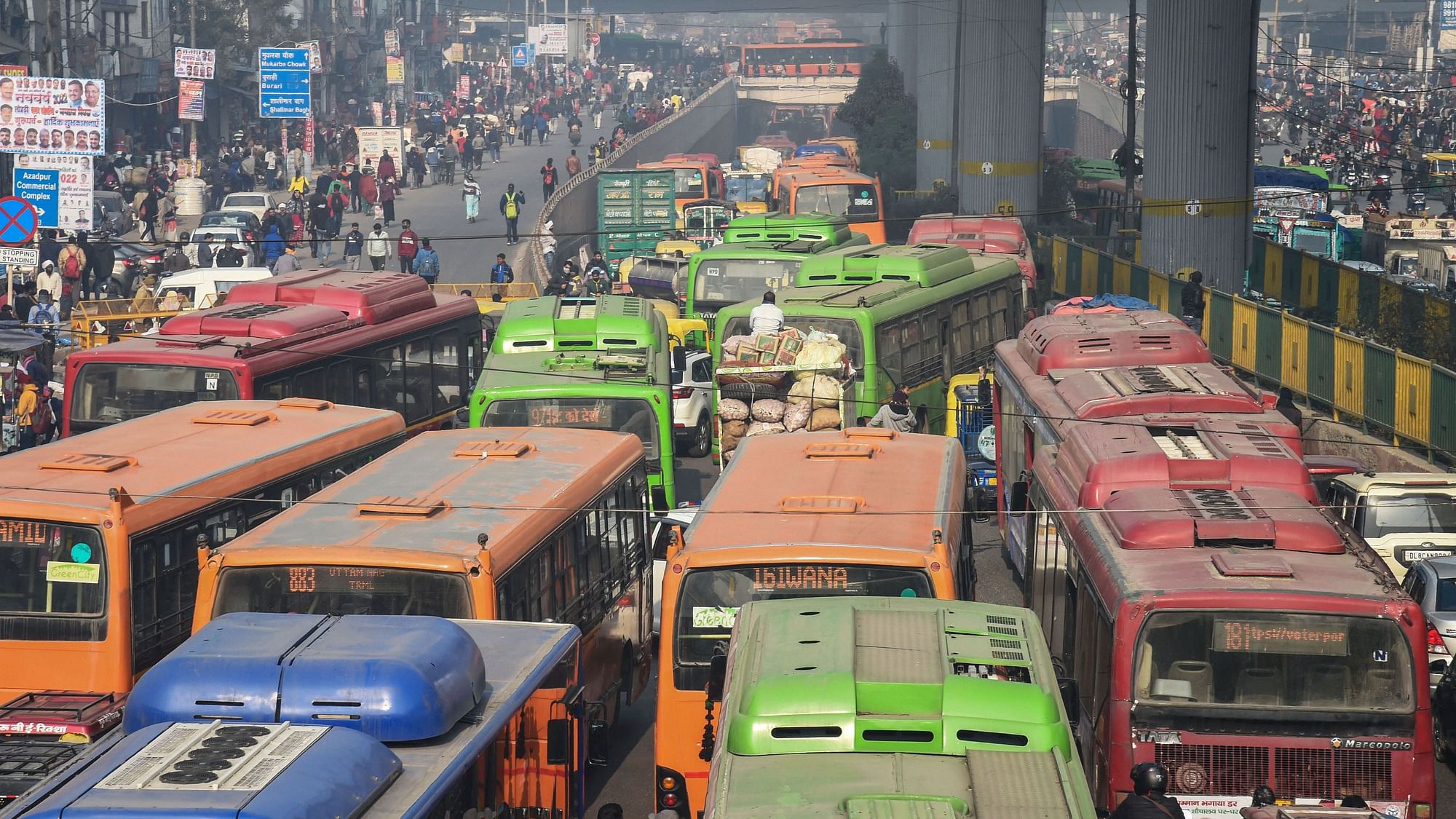 <div class="paragraphs"><p>Traffic congestion due to 'chakka jam' (road blockade) called by BJP Delhi as part of a protest against AAP government's new excise policy, at Azadpur in New Delhi, 3 January. </p></div>