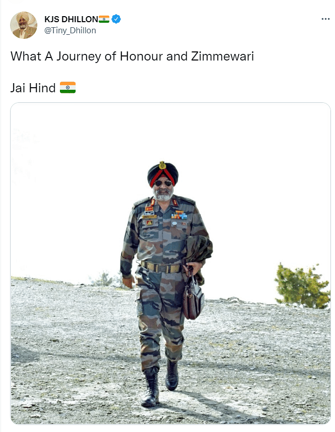 Celebratory tweets pour in as Lt. Gen. KJS Dhillon shares a picture of his combat dress on his last day.  
