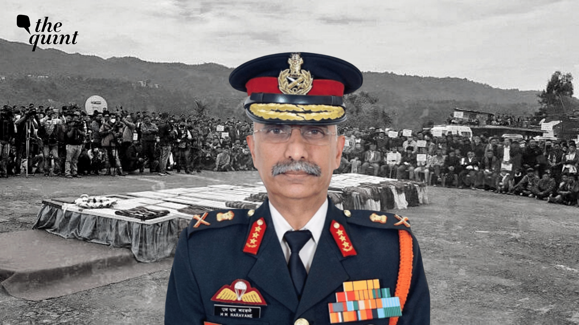 <div class="paragraphs"><p>Army Chief General MM Naravane. Background image is of coffins of civilians who were killed in Nagaland.</p></div>
