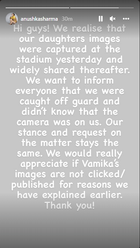 Anushka Sharma wrote that she and Vamika were 'caught off guard' at the stadium while they were cheering for Virat.