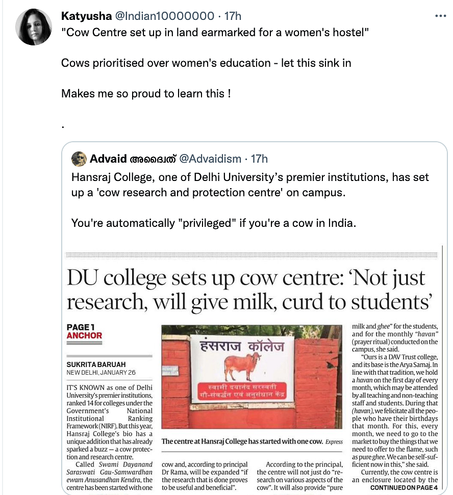 Cow Research Centre at Delhi’s Hansraj College Draws Flak on Twitter