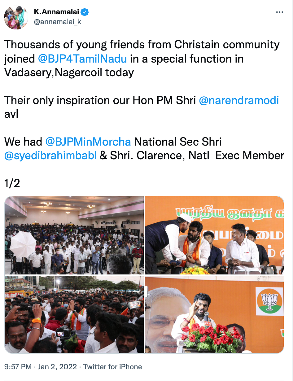 <div class="paragraphs"><p>Annamalai, BJP state president claimed thousands of Christians joined the BJP in Tamil Nadu’s Nagercoil on 1 January 2022. </p></div>