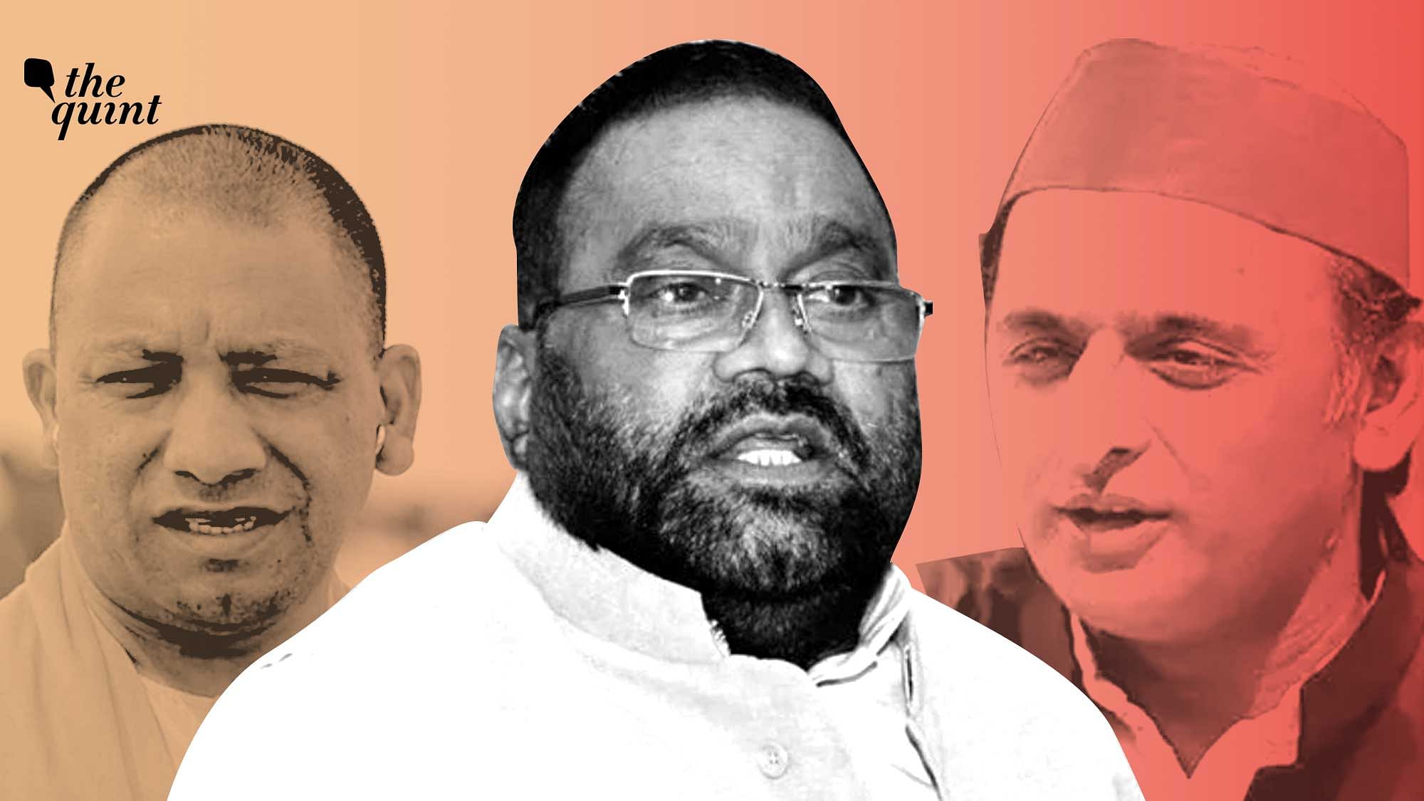 <div class="paragraphs"><p>UP CM Yogi Adityanath (left), former UP Minister Swami Prasad Maurya (centre), and Akhilesh Yadav (right).</p></div>