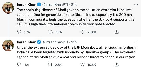 Pak PM Imran Khan Slams Modi for 'Continuing Silence' on Haridwar Hate Speech