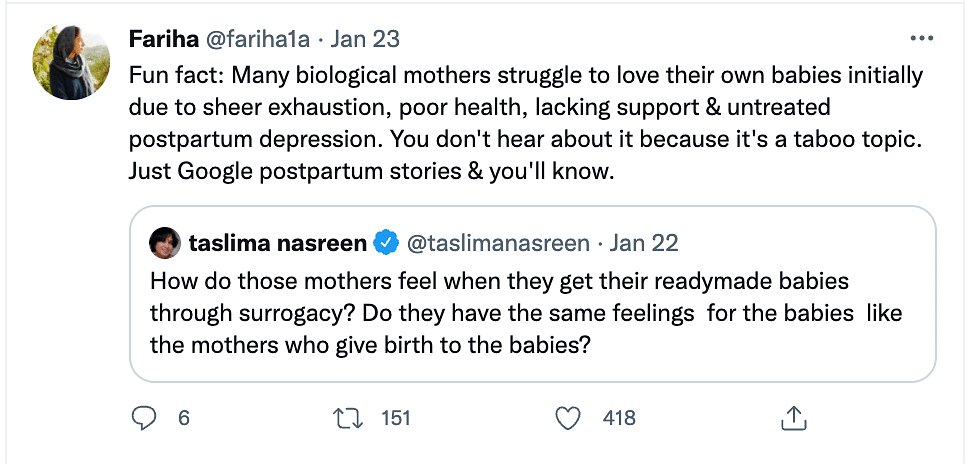 Author Taslima Nasreen was called out for her regressive views on surrogacy.
